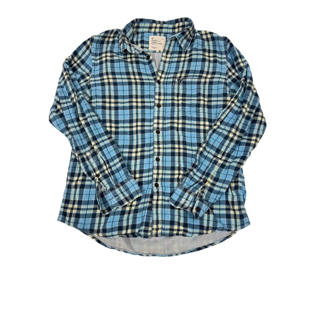 American Eagle Oversized Grunge Plaid Flannel Shirt Women's Large Blue